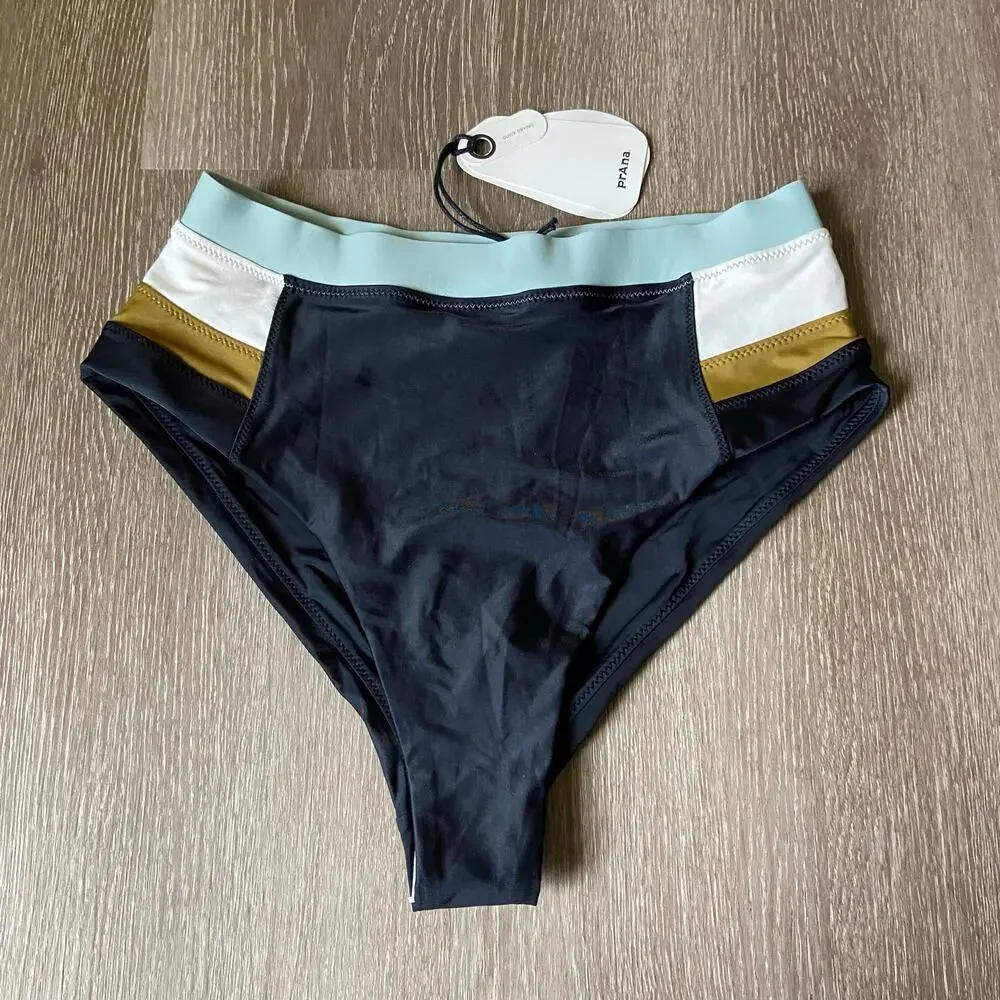 Prana Baja Bound High Rise Swim Bottom Women's S Black Colorblock Bikini Brief